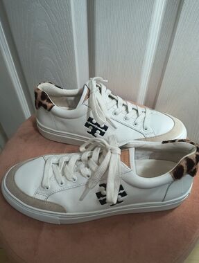 Tory Burch Andrea White Leather Sneaker Leopard Cheetah Print Size 8